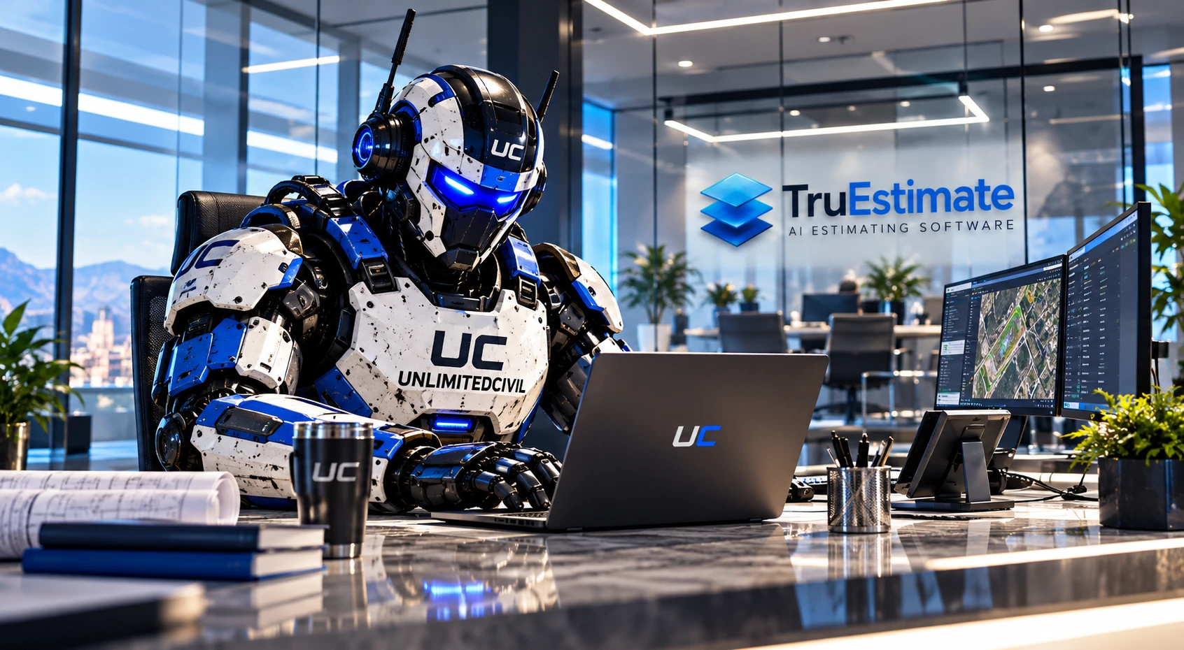 GRADE, the Unlimited Civil robot, estimating at a laptop in the TruEstimate office